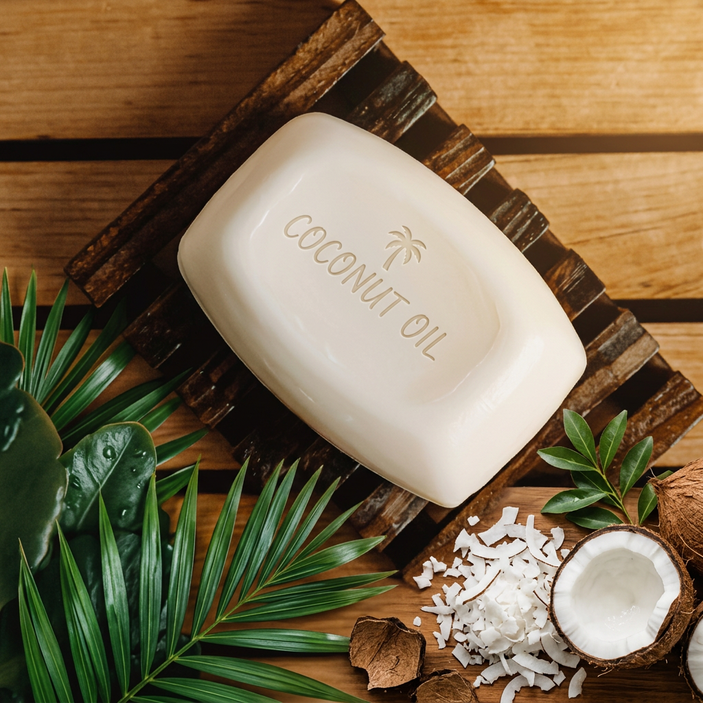 Coconut soap and a wooden soap dish